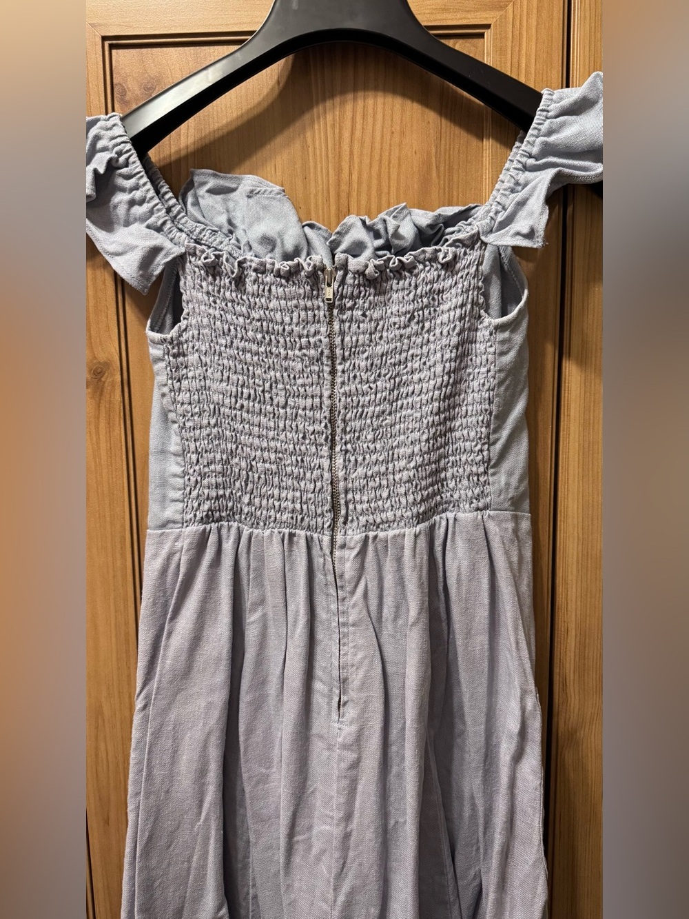 Reformation Hattie Blue Ruffle off shoulder Linen A-Line Blue midi Dress size 6 - Picture 6 of 8